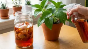 Barattolo con bucce di cipolla in acqua e pianta da appartamento nebulizzata con lo stesso preparato