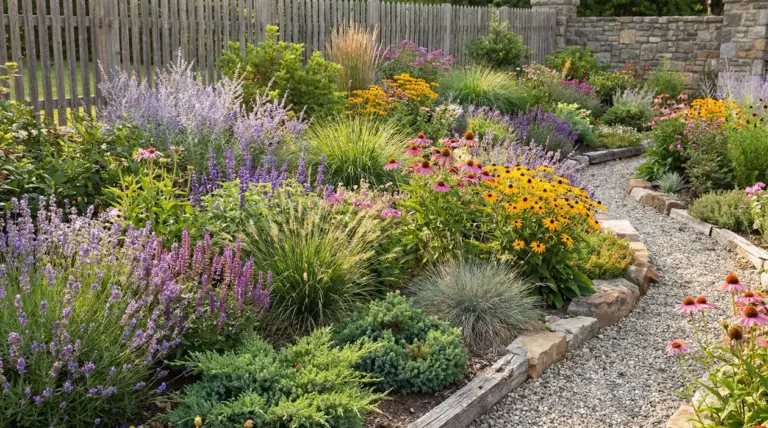 Aiuola fiorita con piante perenni e graminacee lungo un sentiero di ghiaia, in giardino, con fioriture colorate