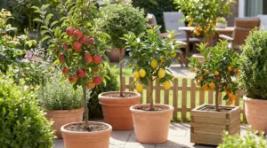 Alberi da frutto in vaso con mele, limoni e agrumi su un patio, ideali per piccoli giardini e terrazzi