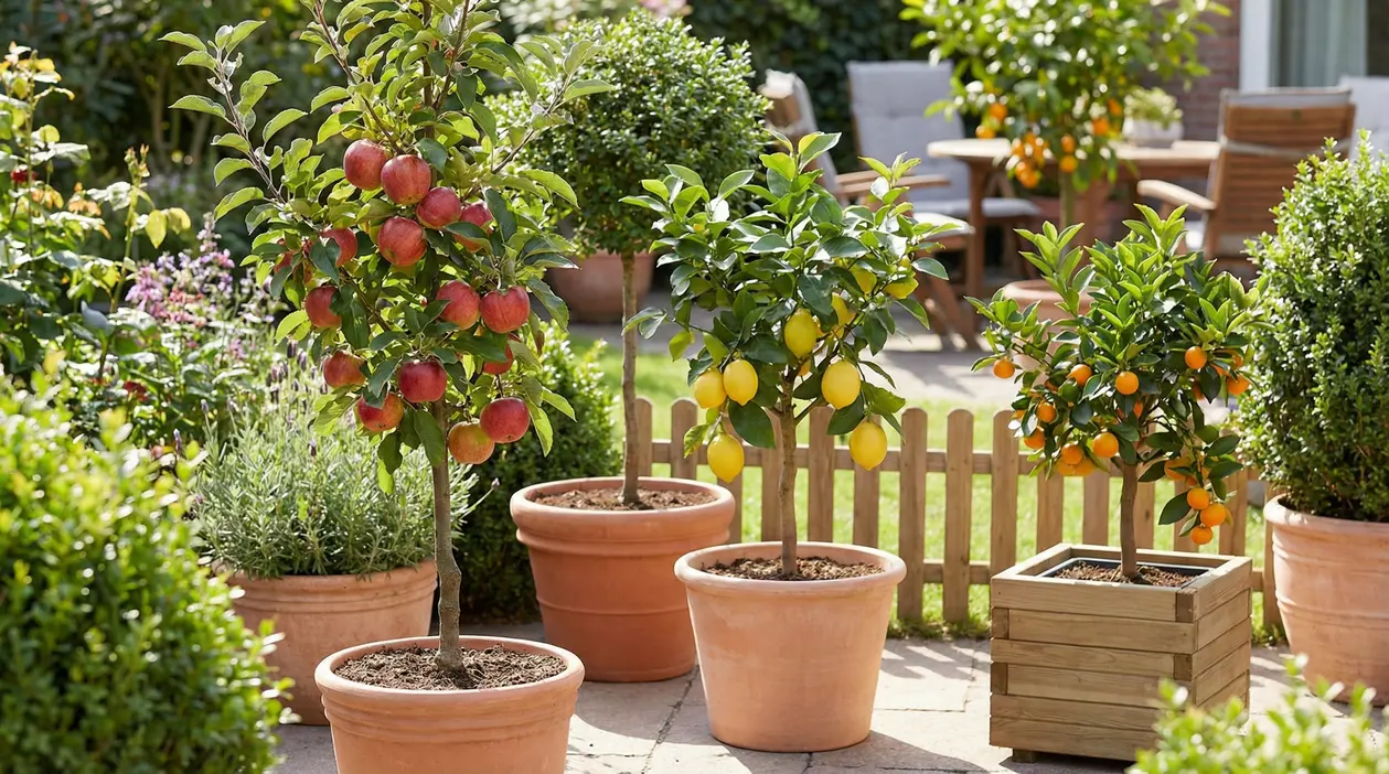 Alberi da frutto in vaso con mele, limoni e agrumi su un patio, ideali per piccoli giardini e terrazzi
