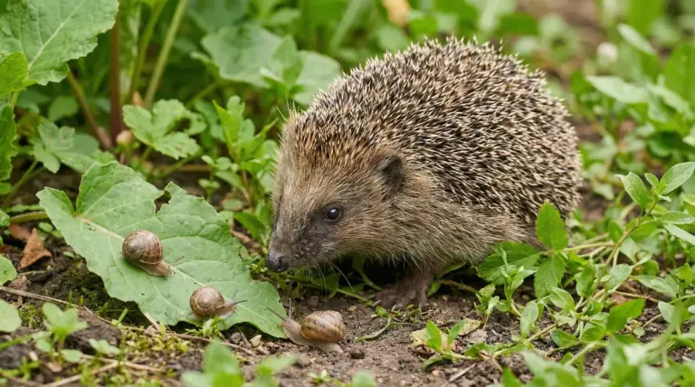 Riccio in giardino vicino a piccole lumache tra foglie verdi e terra