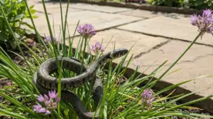 Serpente tra erba e fiori in un giardino vicino a un vialetto di pietra
