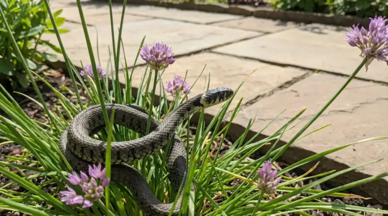 Serpente tra erba e fiori in un giardino vicino a un vialetto di pietra