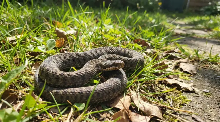 Serpente arrotolato nell’erba del giardino vicino a un sentiero, mimetizzato tra foglie secche