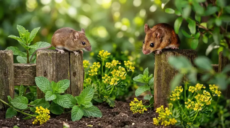 Due topi su una staccionata in legno tra menta e fiori gialli in giardino