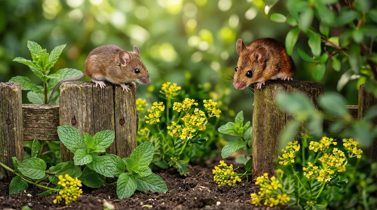 Due topi su una staccionata in legno tra menta e fiori gialli in giardino