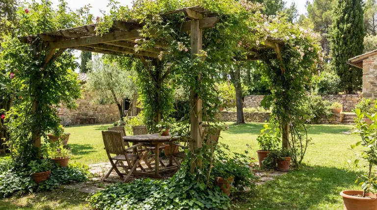 Pergolato in legno coperto da piante rampicanti, con tavolo e sedie in un giardino soleggiato