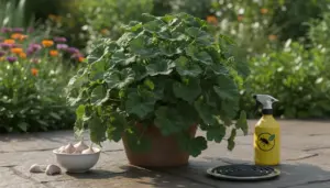 Arbusto in vaso in giardino con spray antinsetti, spicchi d’aglio e spirale repellente sul pavimento