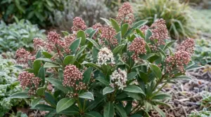 Arbusto sempreverde resistente al freddo con boccioli rosa e piccoli fiori bianchi profumati in giardino