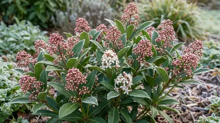 Arbusto sempreverde resistente al freddo con boccioli rosa e piccoli fiori bianchi profumati in giardino