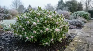 Arbusto sempreverde con fiori rosa chiaro e brina nel giardino, vicino a un vialetto in pietra