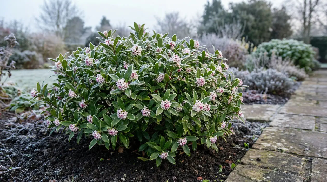 Arbusto sempreverde con fiori rosa chiaro e brina nel giardino, vicino a un vialetto in pietra