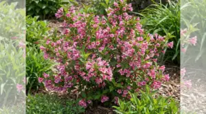 Arbusto ornamentale resistente con abbondanti fiori rosa in un giardino soleggiato