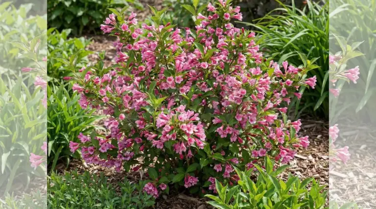 Arbusto ornamentale resistente con abbondanti fiori rosa in un giardino soleggiato