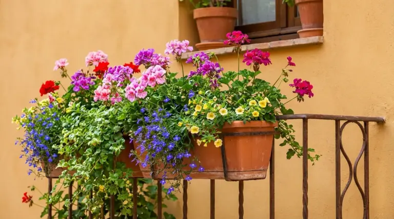 Balcone con vasi di gerani e altri fiori colorati, ideale per una fioritura abbondante e decorativa