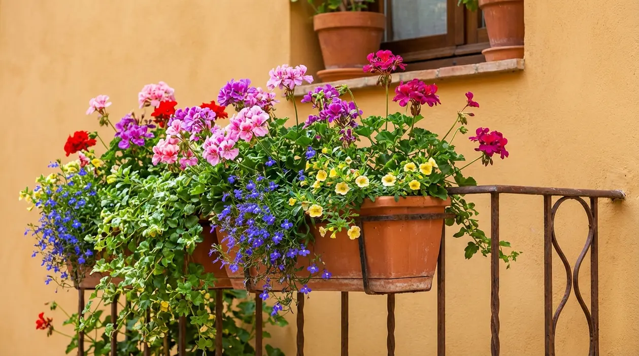 Balcone con vasi di gerani e altri fiori colorati, ideale per una fioritura abbondante e decorativa