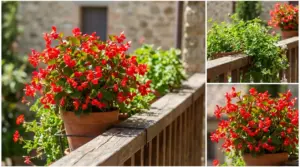 Vaso di begonia rossa su balcone in legno, con piante verdi e fioritura decorativa all'aperto