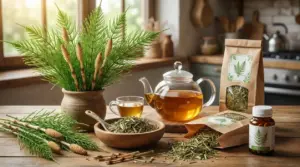 Equiseto essiccato e in infuso su un tavolo, con teiera, tazza e integratore in cucina