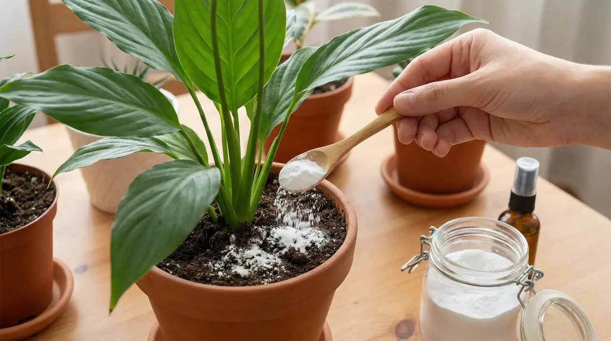 Mano che sparge bicarbonato nel terriccio di una pianta in vaso su un tavolo con altre piante da interno.