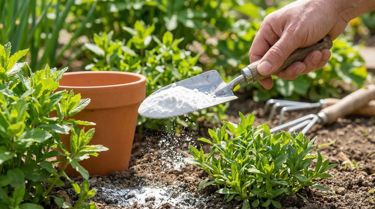 Mano che sparge bicarbonato sul terreno dell’orto vicino a piante verdi e un vaso in terracotta