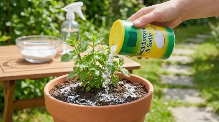 Mano che sparge bicarbonato nel vaso di una pianta aromatica in giardino, con ciotola e spruzzino sullo sfondo