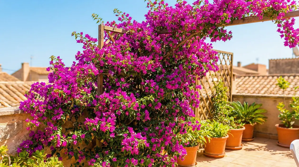 Bouganville fucsia rampicante su pergolato in legno su terrazzo soleggiato con vasi e cielo azzurro