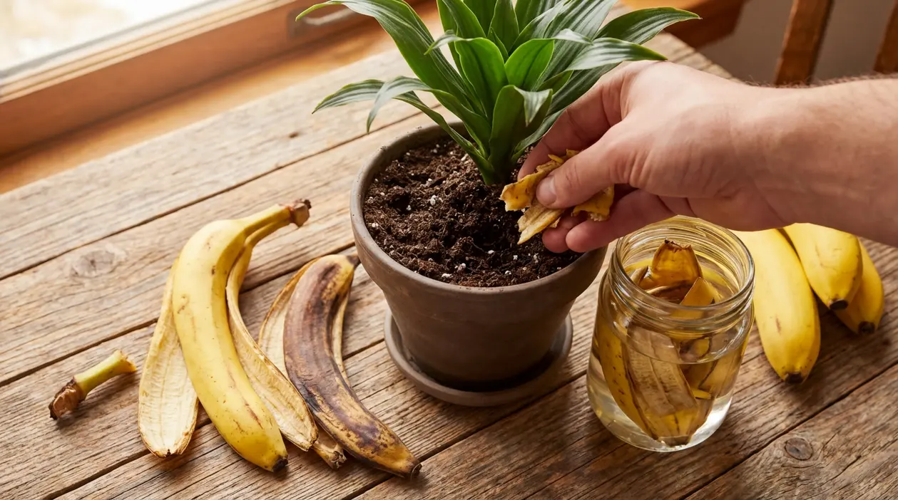 Mano che aggiunge bucce di banana nel vaso di una pianta come concime naturale