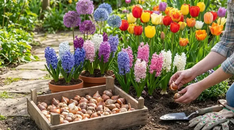 Persona che pianta bulbi in giardino tra tulipani, giacinti e allium in fiore