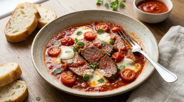 Carne alla pizzaiola in salsa di pomodoro con pomodorini, mozzarella e origano, servita con pane