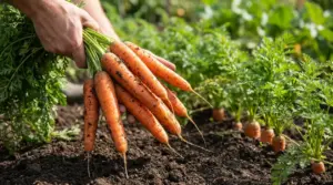 Mani che raccolgono carote appena estratte dall’orto, con un po’ di terra sulle radici