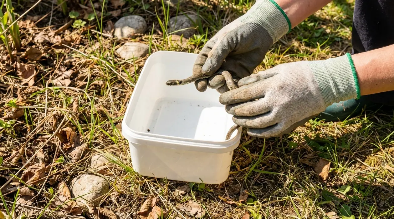 Mani con guanti mentre mettono un serpente in un contenitore di plastica in giardino, per cattura sicura