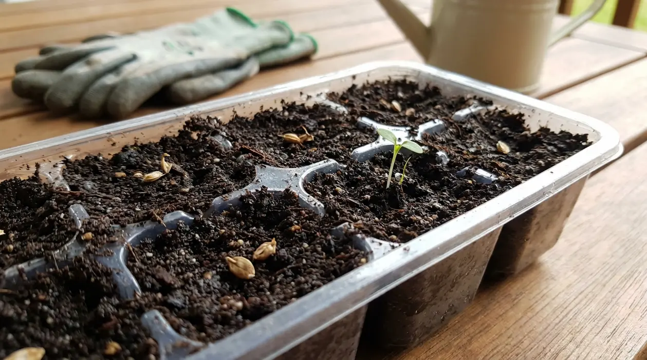 Vassoio per semina con terriccio e semi, con un solo germoglio emerso tra celle ancora vuote