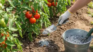 Cenere di legna distribuita nel terreno vicino a piante di pomodoro con frutti rossi nell’orto