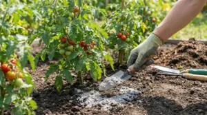 Mano con guanto sparge cenere nel terreno accanto a piante di pomodoro in orto
