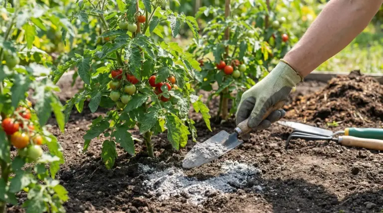 Mano con guanto sparge cenere nel terreno accanto a piante di pomodoro in orto