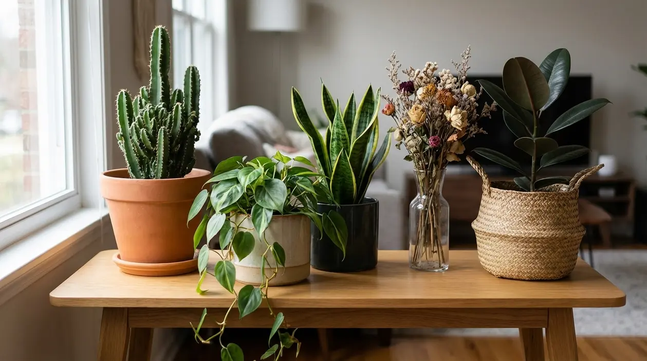 Piante da appartamento su un tavolo vicino alla finestra, tra cui cactus, sansevieria e ficus