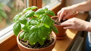 Pianta di basilico in vaso sul davanzale illuminato dal sole, con una persona che cura un altro vaso di terra