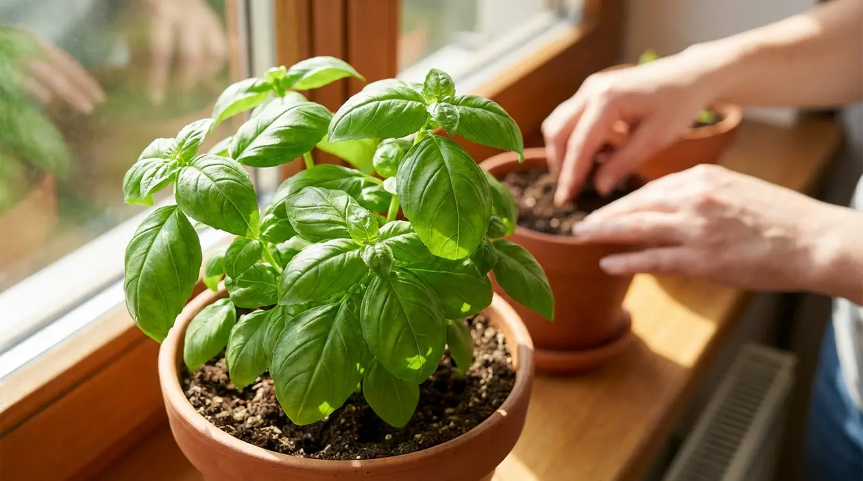 Pianta di basilico in vaso sul davanzale illuminato dal sole, con una persona che cura un altro vaso di terra