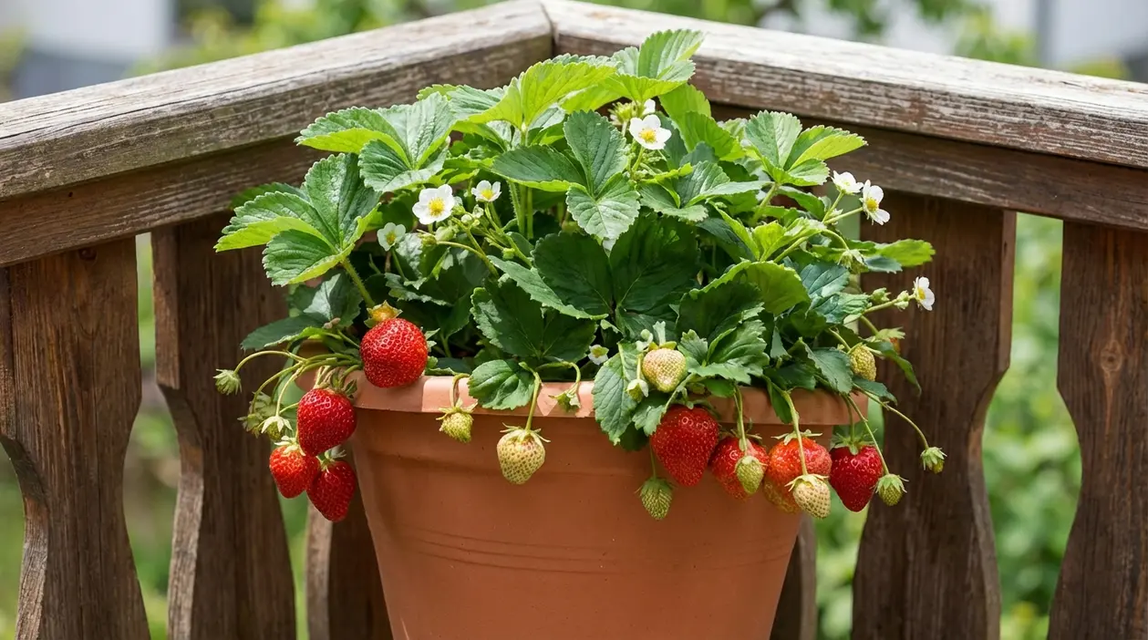 Pianta di fragole in vaso di terracotta su balcone, con foglie verdi, fiori bianchi e fragole mature e acerbe