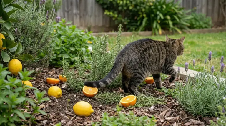 Gatto in giardino tra lavanda, rosmarino e agrumi usati come rimedio naturale per allontanarlo