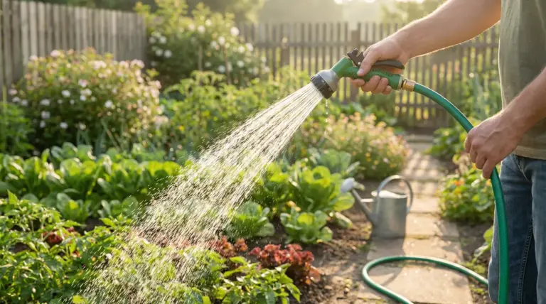Persona che annaffia l’orto con una canna in un giardino soleggiato
