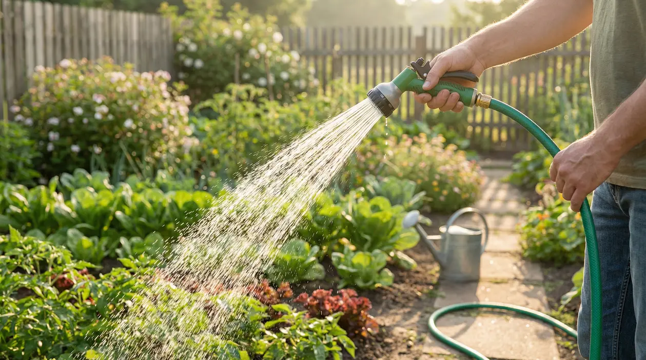 Persona che annaffia l’orto con una canna in un giardino soleggiato