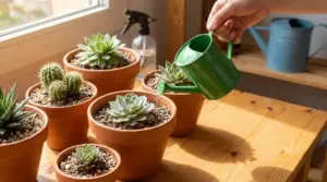 Mano che annaffia piante grasse in vaso vicino a una finestra, con cactus e succulente su tavolo di legno