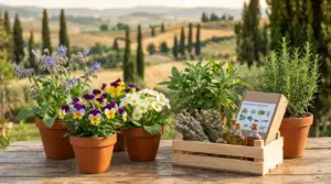 Vasi di erbe officinali e fiori aromatici su tavolo in legno, con rosmarino e salvia in campagna