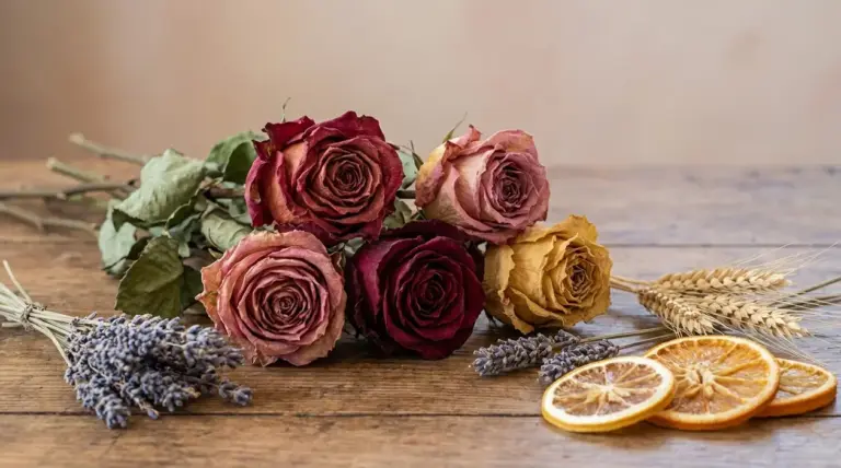 Rose essiccate su un tavolo di legno con lavanda, spighe di grano e fette di arancia essiccata