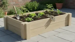 Orto rialzato in legno con piantine di verdure, paletta e guanti su una terrazza