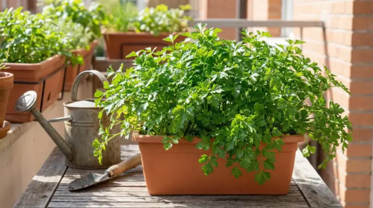 Vaso di prezzemolo folto e verde su un balcone, con annaffiatoio e attrezzi da giardinaggio
