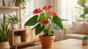 Anthurium in vaso di terracotta su un tavolo in soggiorno luminoso, con fiori rossi e foglie verdi lucide