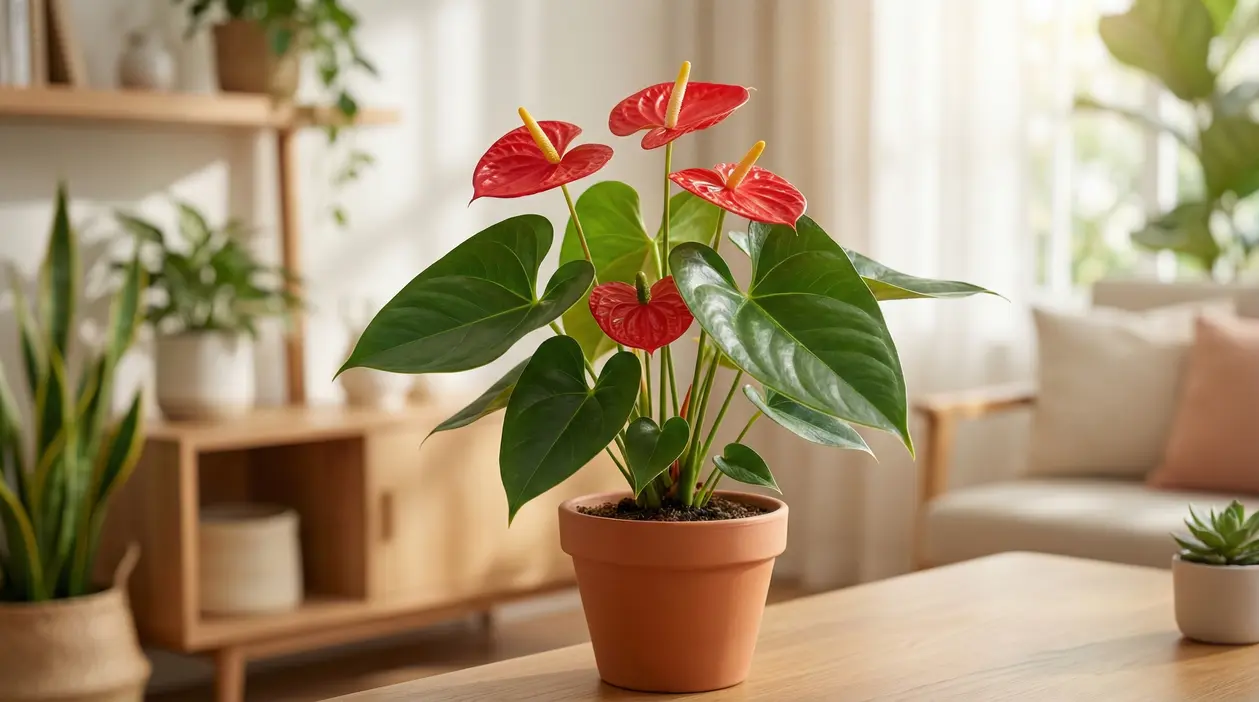 Anthurium in vaso di terracotta su un tavolo in soggiorno luminoso, con fiori rossi e foglie verdi lucide