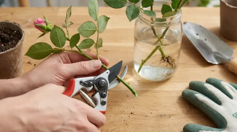 Mani che tagliano un rametto di rosa con cesoie per fare una talea, con barattolo d’acqua e attrezzi da giardinaggio
